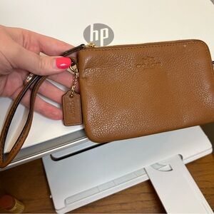 Coach Pebbled Leather Wristlet in Cognac Brown with Gold Hardware